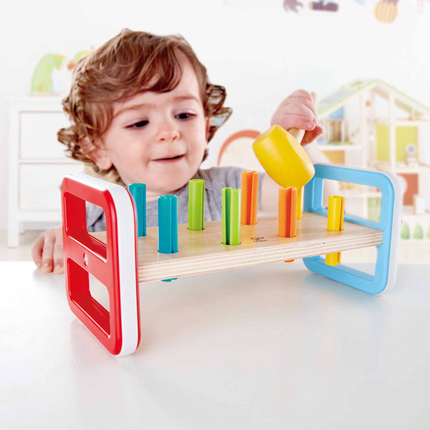 Pounding Bench Wooden Toy with Hammer Hape Rainbow Pounder Multicolor 